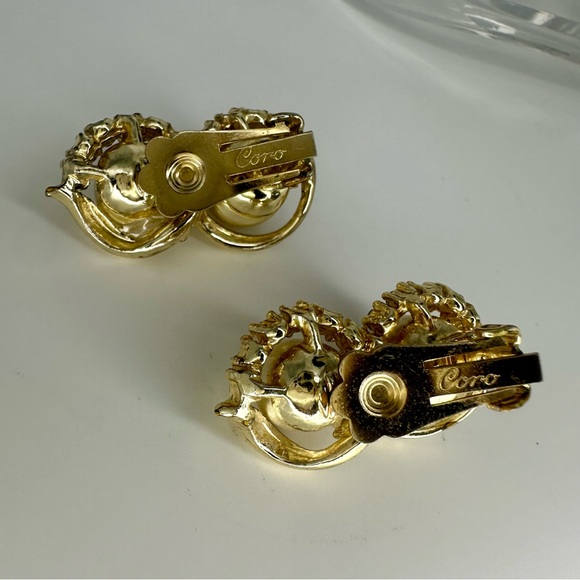 3” Vintage CORO Signed Crystal, Faux Pearl, Gold-Tone Cocktail Clip Earrings - Picture 6 of 7